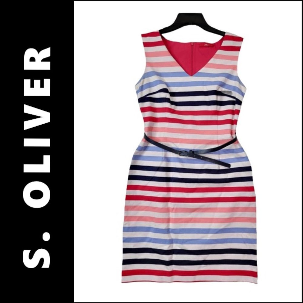 S. Oliver Multicolored Dress Size 8 Women Sheath Sleeveless Stripe Belt